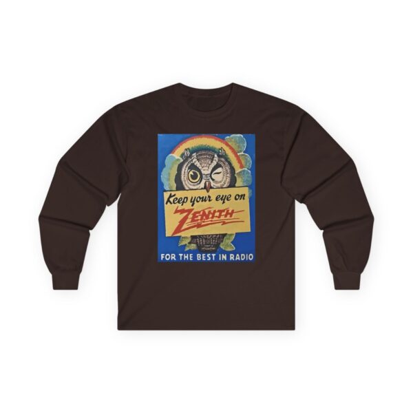 Keep Your Eye on Zenith, for the Best in Radio. Vintage Advertising, Antique Radio, Winking Owl, Rainbow Long Sleeve Tee - Image 13