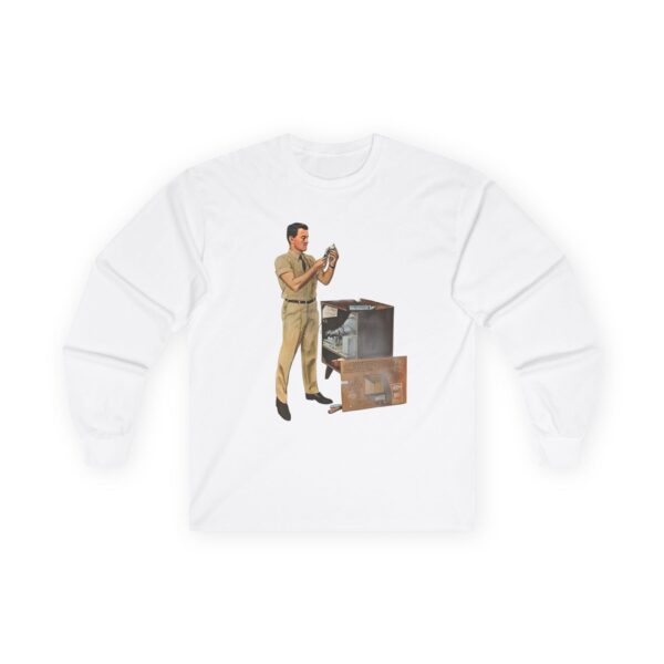 TV Repairman at Work - Mid-Century Modern Era Vintage Design Long Sleeve Tee - Checking Vacuum Tubes in Antique Set - Image 3