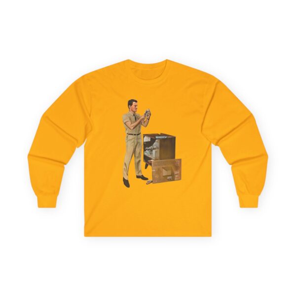 TV Repairman at Work - Mid-Century Modern Era Vintage Design Long Sleeve Tee - Checking Vacuum Tubes in Antique Set - Image 11