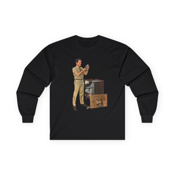 TV Repairman at Work - Mid-Century Modern Era Vintage Design Long Sleeve Tee - Checking Vacuum Tubes in Antique Set - Image 7