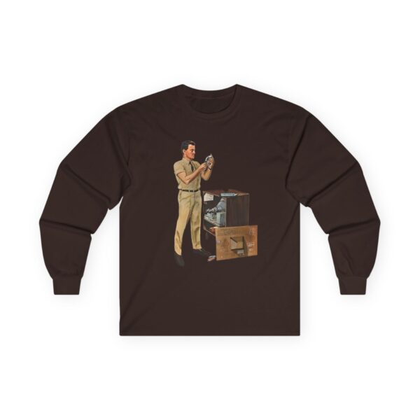 TV Repairman at Work - Mid-Century Modern Era Vintage Design Long Sleeve Tee - Checking Vacuum Tubes in Antique Set