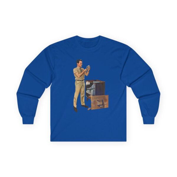 TV Repairman at Work - Mid-Century Modern Era Vintage Design Long Sleeve Tee - Checking Vacuum Tubes in Antique Set - Image 21