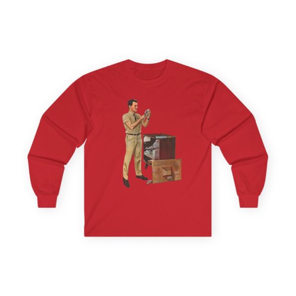 TV Repairman at Work - Mid-Century Modern Era Vintage Design Long Sleeve Tee - Checking Vacuum Tubes in Antique Set - Image 29