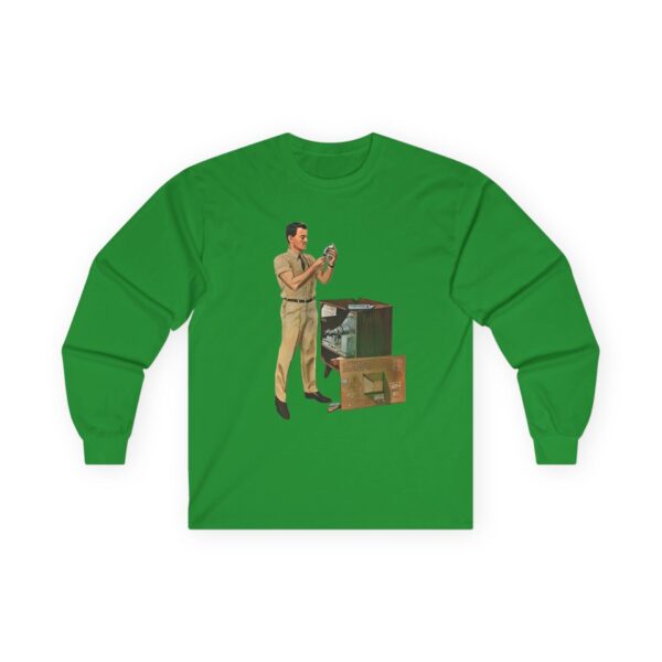 TV Repairman at Work - Mid-Century Modern Era Vintage Design Long Sleeve Tee - Checking Vacuum Tubes in Antique Set - Image 15