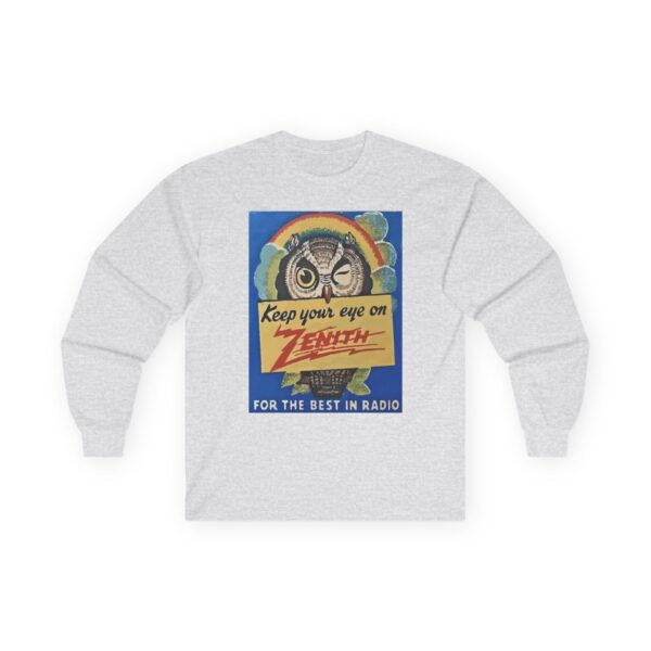 Keep Your Eye on Zenith, for the Best in Radio. Vintage Advertising, Antique Radio, Winking Owl, Rainbow Long Sleeve Tee - Image 5