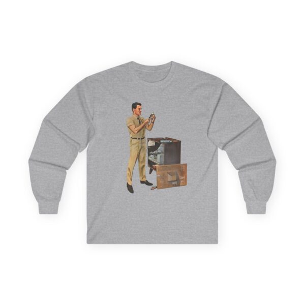 TV Repairman at Work - Mid-Century Modern Era Vintage Design Long Sleeve Tee - Checking Vacuum Tubes in Antique Set - Image 9