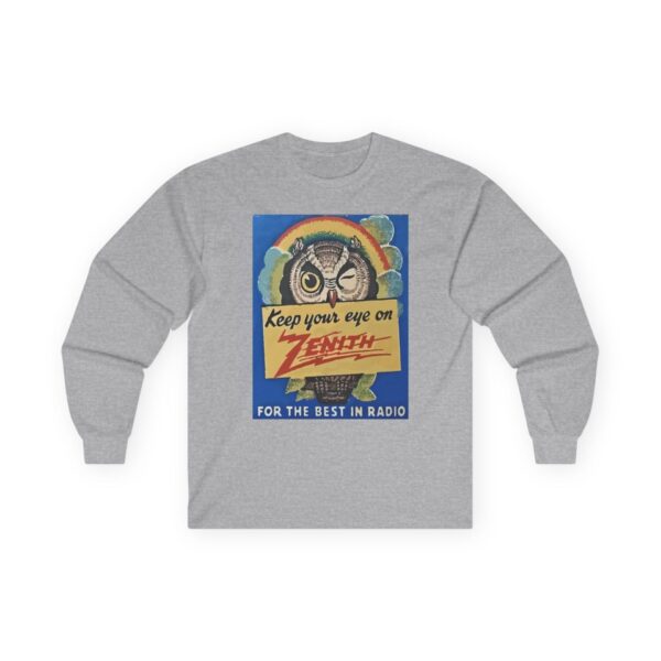 Keep Your Eye on Zenith, for the Best in Radio. Vintage Advertising, Antique Radio, Winking Owl, Rainbow Long Sleeve Tee - Image 7