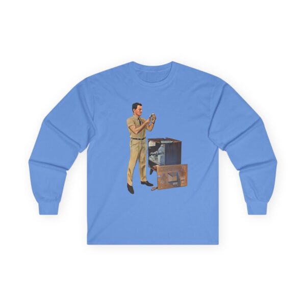 TV Repairman at Work - Mid-Century Modern Era Vintage Design Long Sleeve Tee - Checking Vacuum Tubes in Antique Set - Image 19