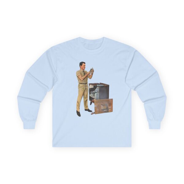 TV Repairman at Work - Mid-Century Modern Era Vintage Design Long Sleeve Tee - Checking Vacuum Tubes in Antique Set - Image 17