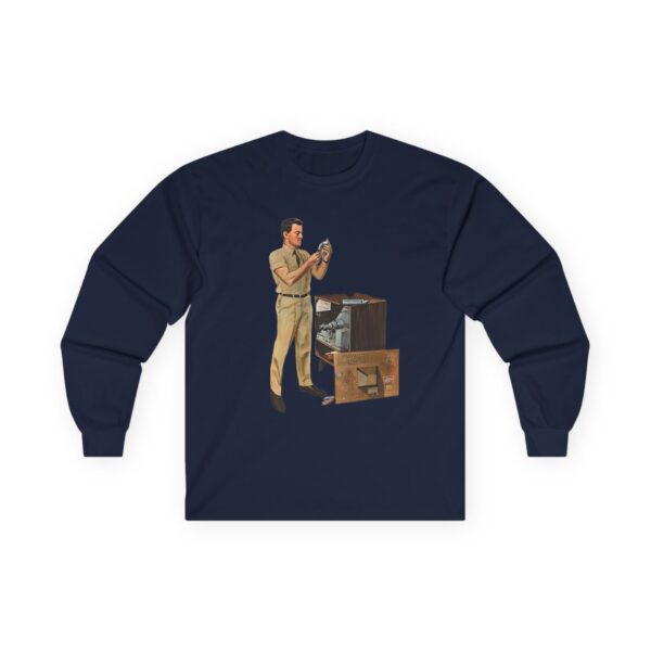 TV Repairman at Work - Mid-Century Modern Era Vintage Design Long Sleeve Tee - Checking Vacuum Tubes in Antique Set - Image 23