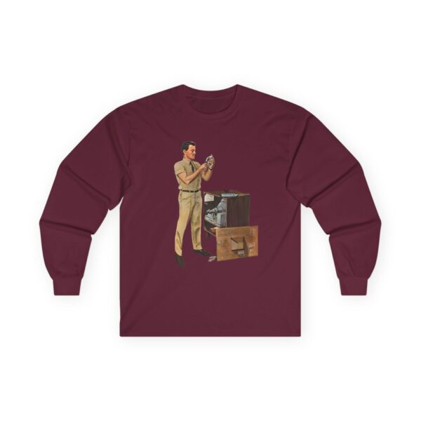 TV Repairman at Work - Mid-Century Modern Era Vintage Design Long Sleeve Tee - Checking Vacuum Tubes in Antique Set - Image 13
