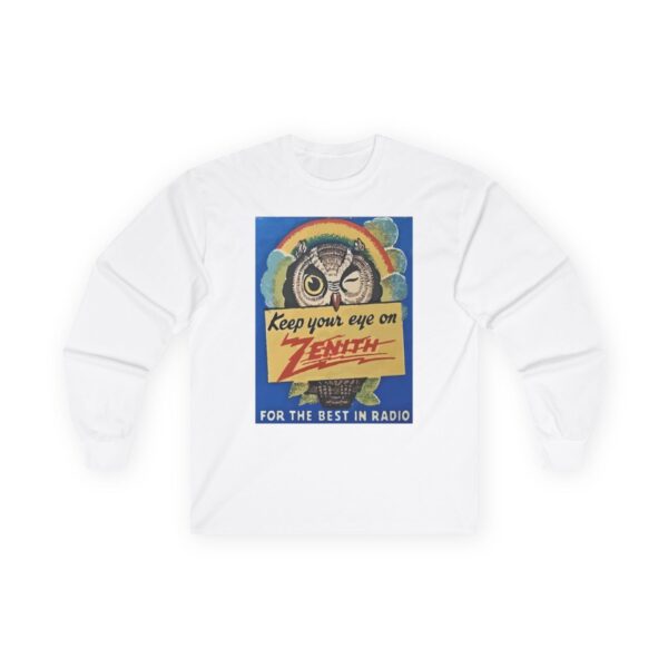 Keep Your Eye on Zenith, for the Best in Radio. Vintage Advertising, Antique Radio, Winking Owl, Rainbow Long Sleeve Tee - Image 3