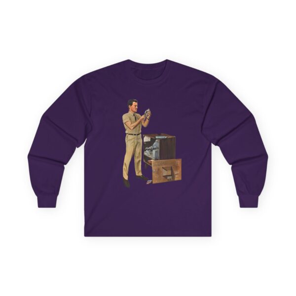 TV Repairman at Work - Mid-Century Modern Era Vintage Design Long Sleeve Tee - Checking Vacuum Tubes in Antique Set - Image 25