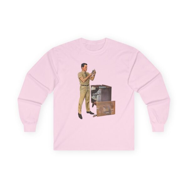 TV Repairman at Work - Mid-Century Modern Era Vintage Design Long Sleeve Tee - Checking Vacuum Tubes in Antique Set - Image 27